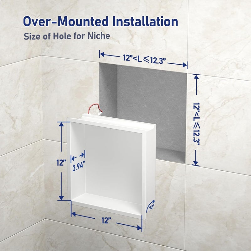 Bernkot Stainless Steel Shower Niche 12" X 12" White with RGB Light No Tile Needed Recessed Wall Led Shower Niche for Bathroom Storage Waterproof Hardwired Dimmable Over Mount Installation - Image 3